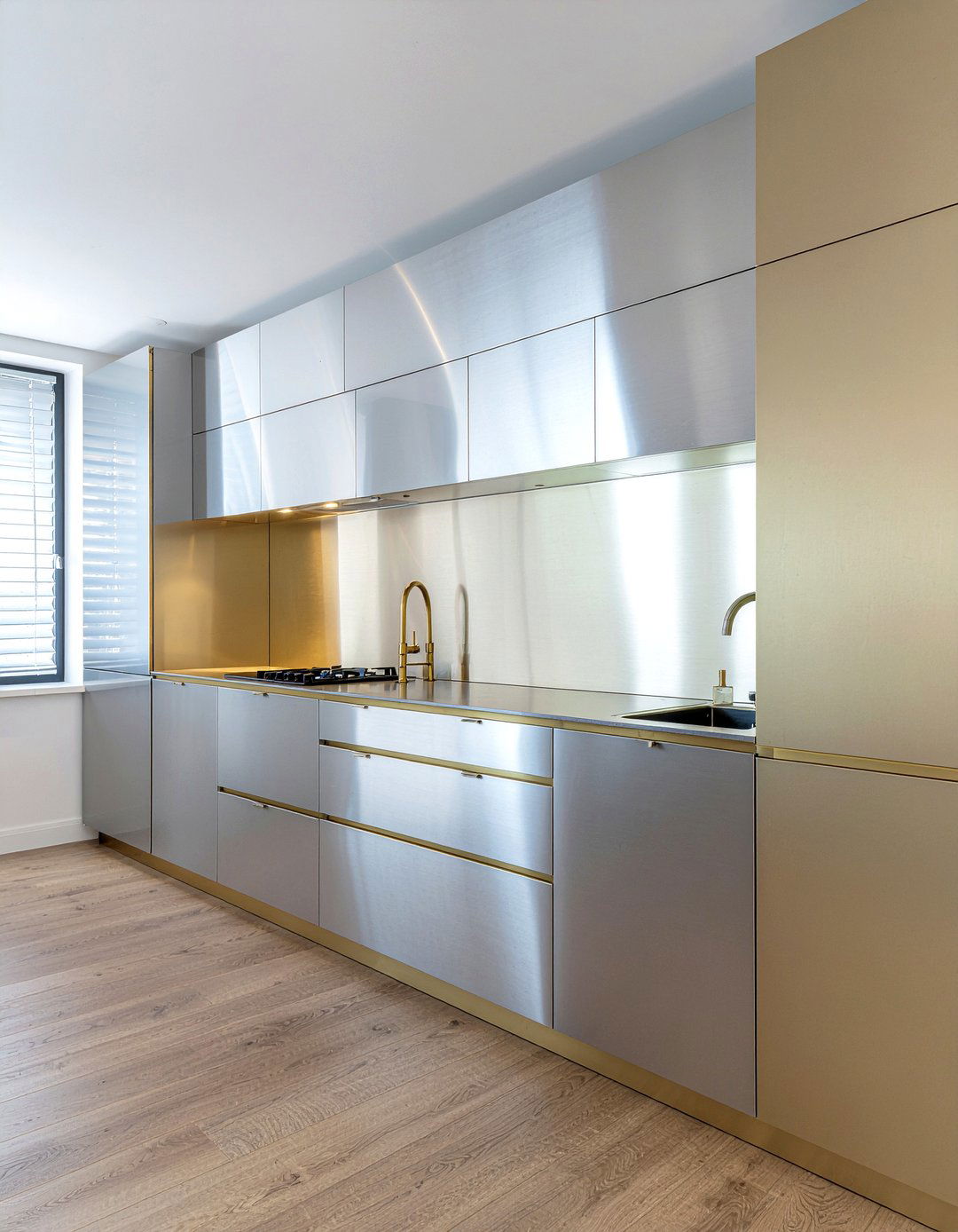 Steel kitchen cabinets with gold trim - 30 mixed metal kitchen ideas