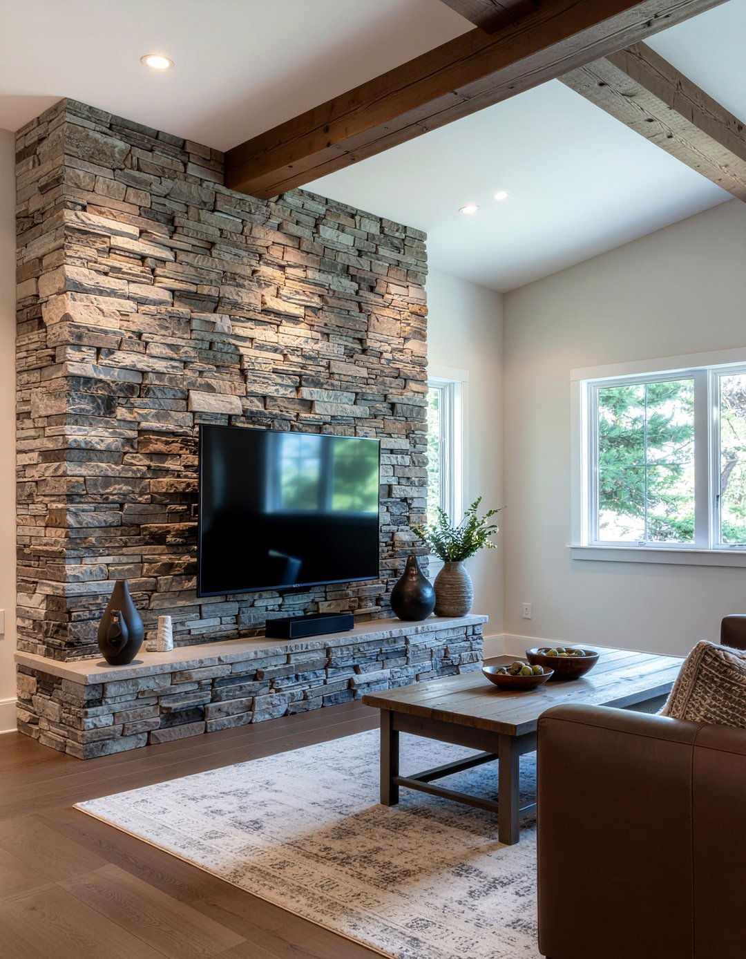Stone Accent TV Wall - 30 living room tv niche ideas