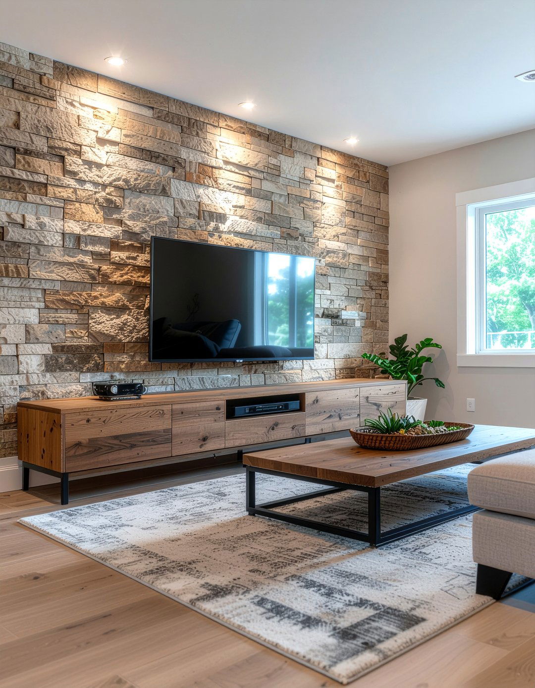 Stone Accent Wall - 30 living room lodge furniture ideas