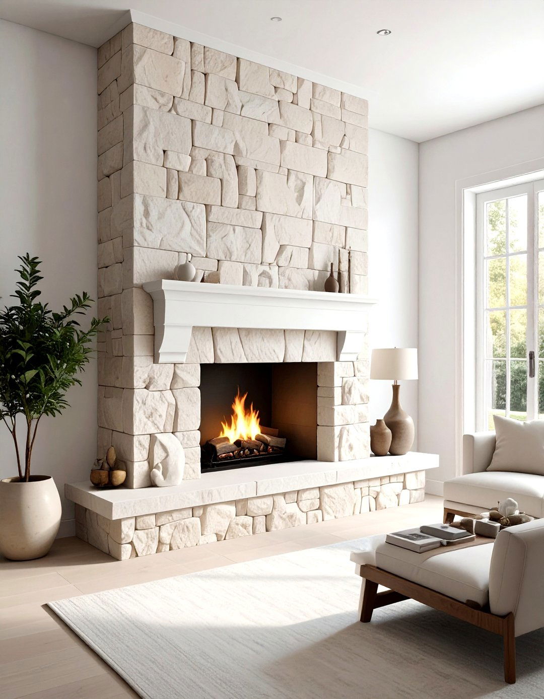 Stone Fireplace Surround - 30 soft minimalist living room ideas
