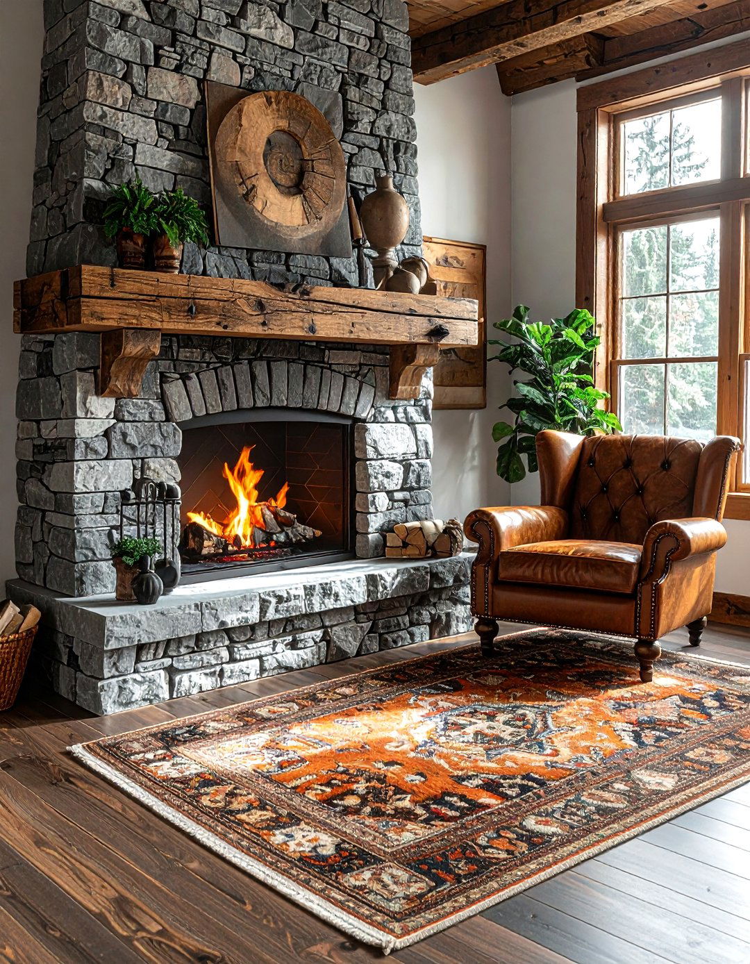 Stone Fireplace With Wood Mantel - 30 mixed texture decor ideas