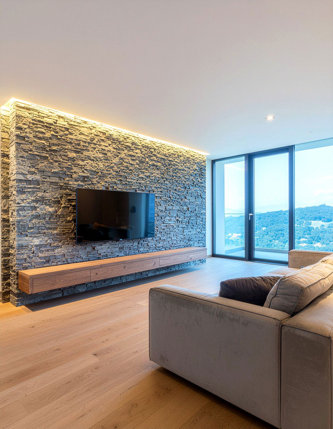 Stone Texture Media Wall - 30 living room entertainment wall ideas