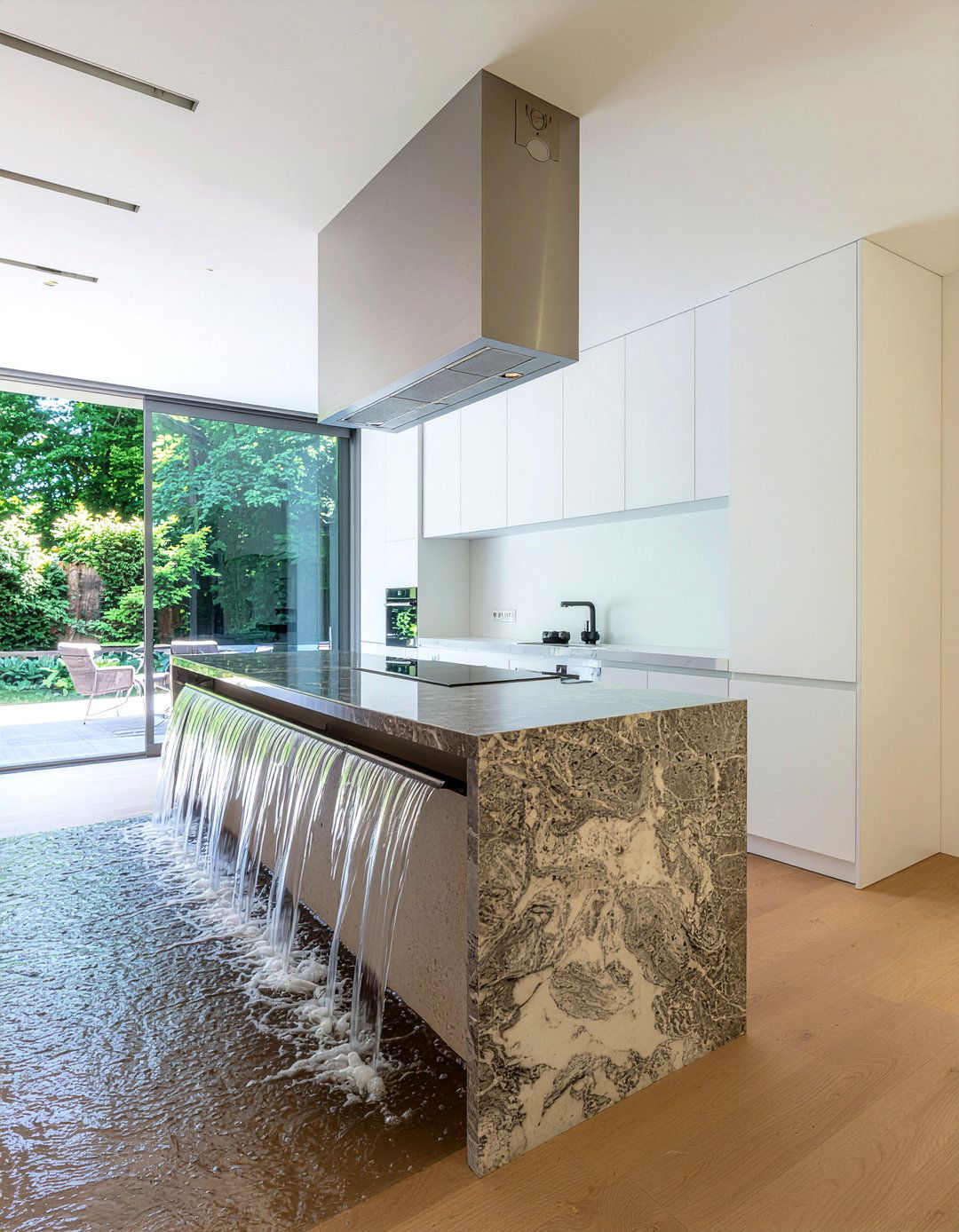 Stone Waterfall Island Kitchen - 30 panel-ready refrigerator kitchen ideas