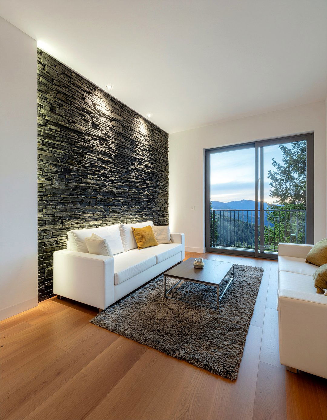 Stone accent wall - 30 mountain house living room ideas