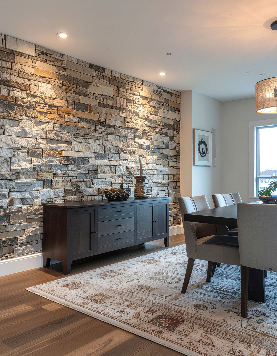 Stone accent wall - 30 rural dining room ideas