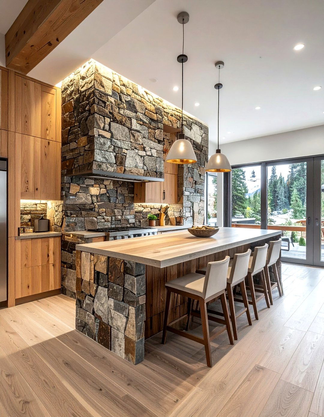 Stone accent wall - 30 rustic lodge kitchen ideas
