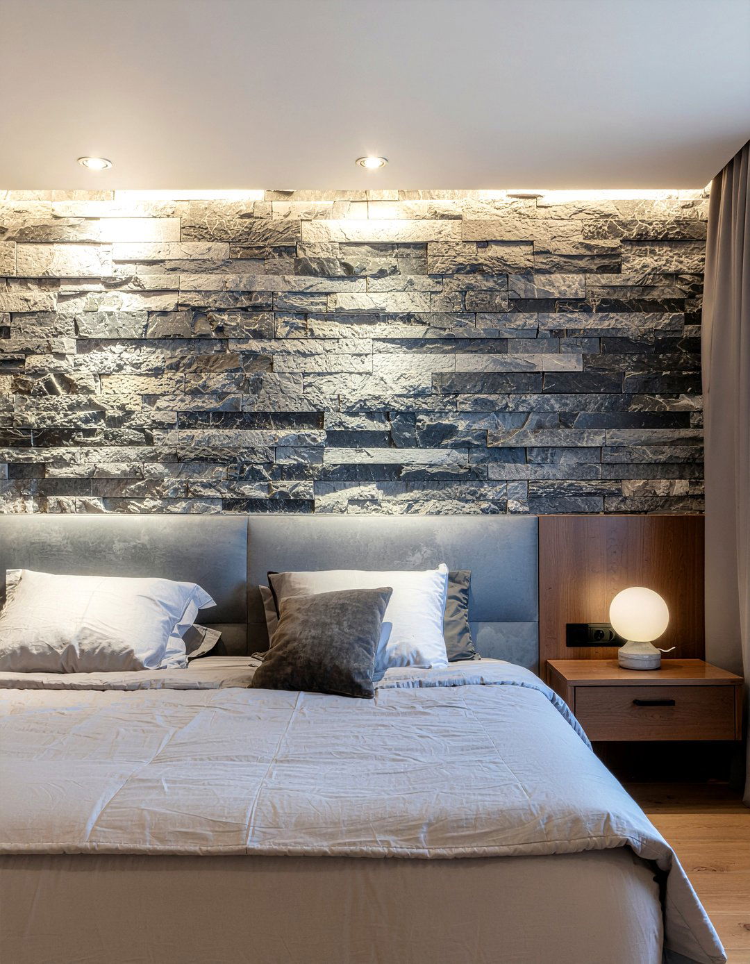 Stone accent wall - 30 earthy bedroom ideas