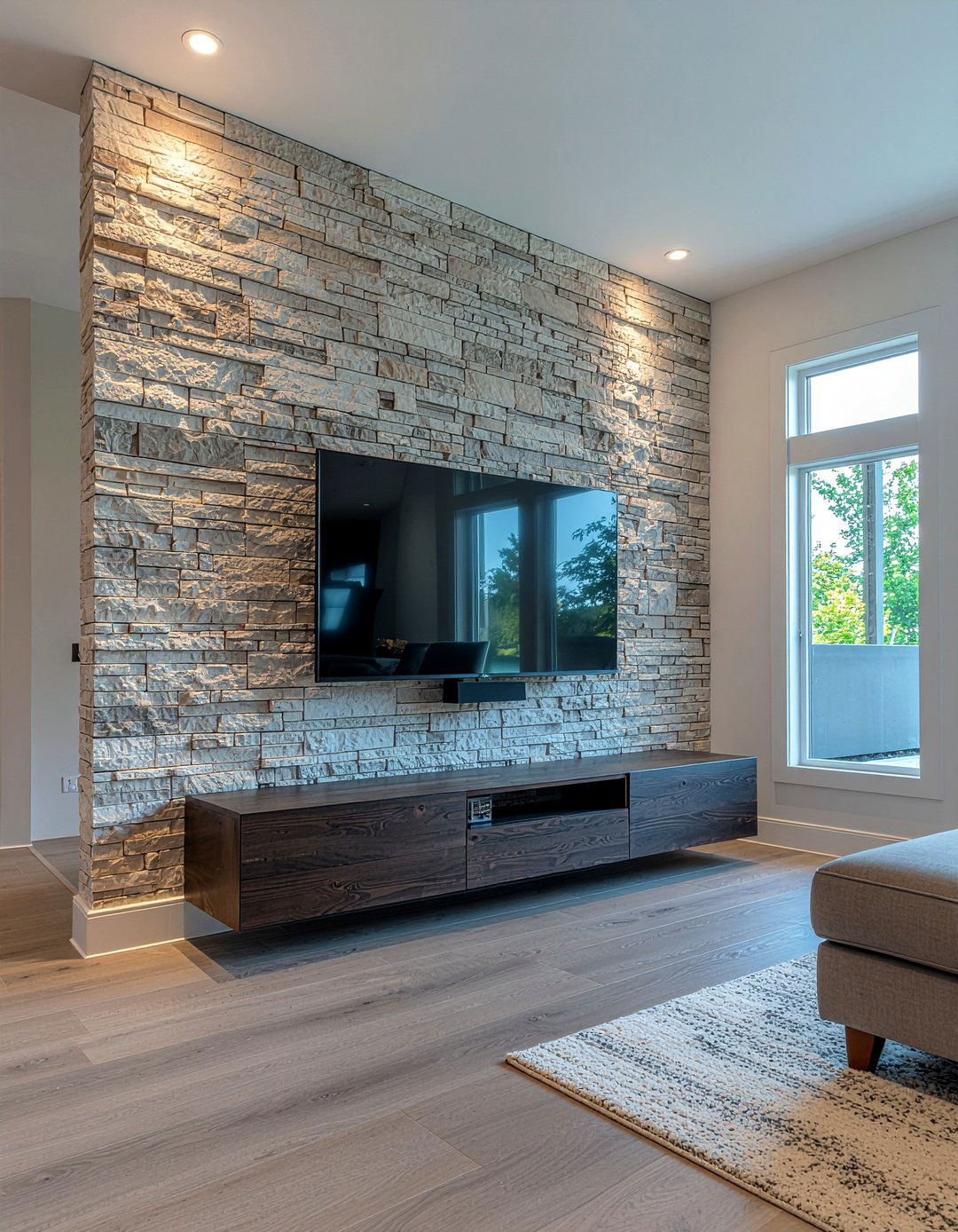 Stone accent wall living room - 30 living room remodel ideas