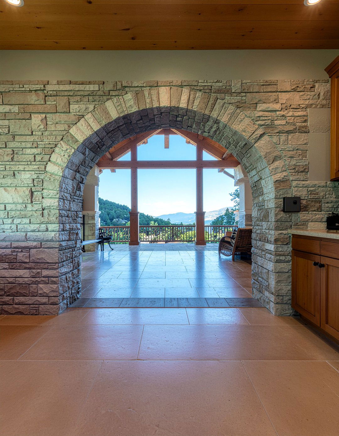 Stone archway kitchen entry - 30 mountain kitchen ideas