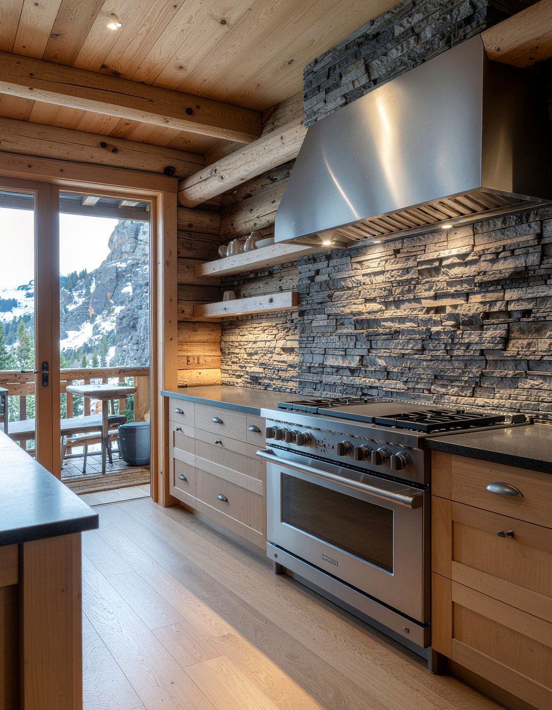 Stone backsplash mountain house - 30 ski house kitchen ideas