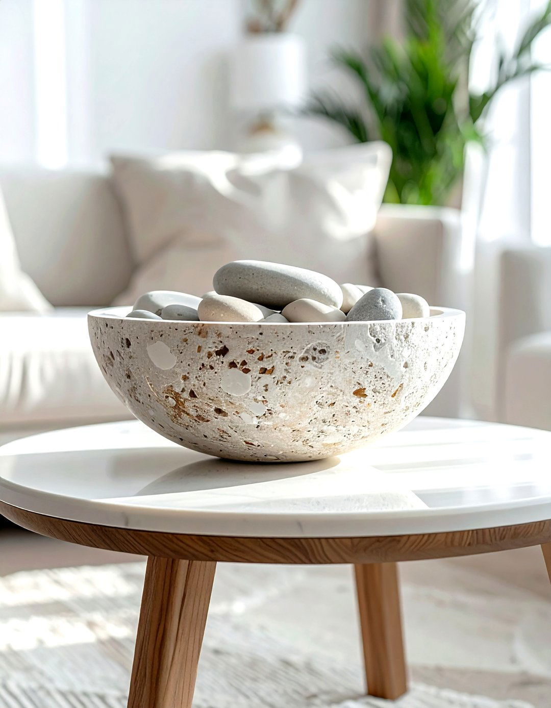 Stone bowl centerpiece - 30 coffee table decor ideas