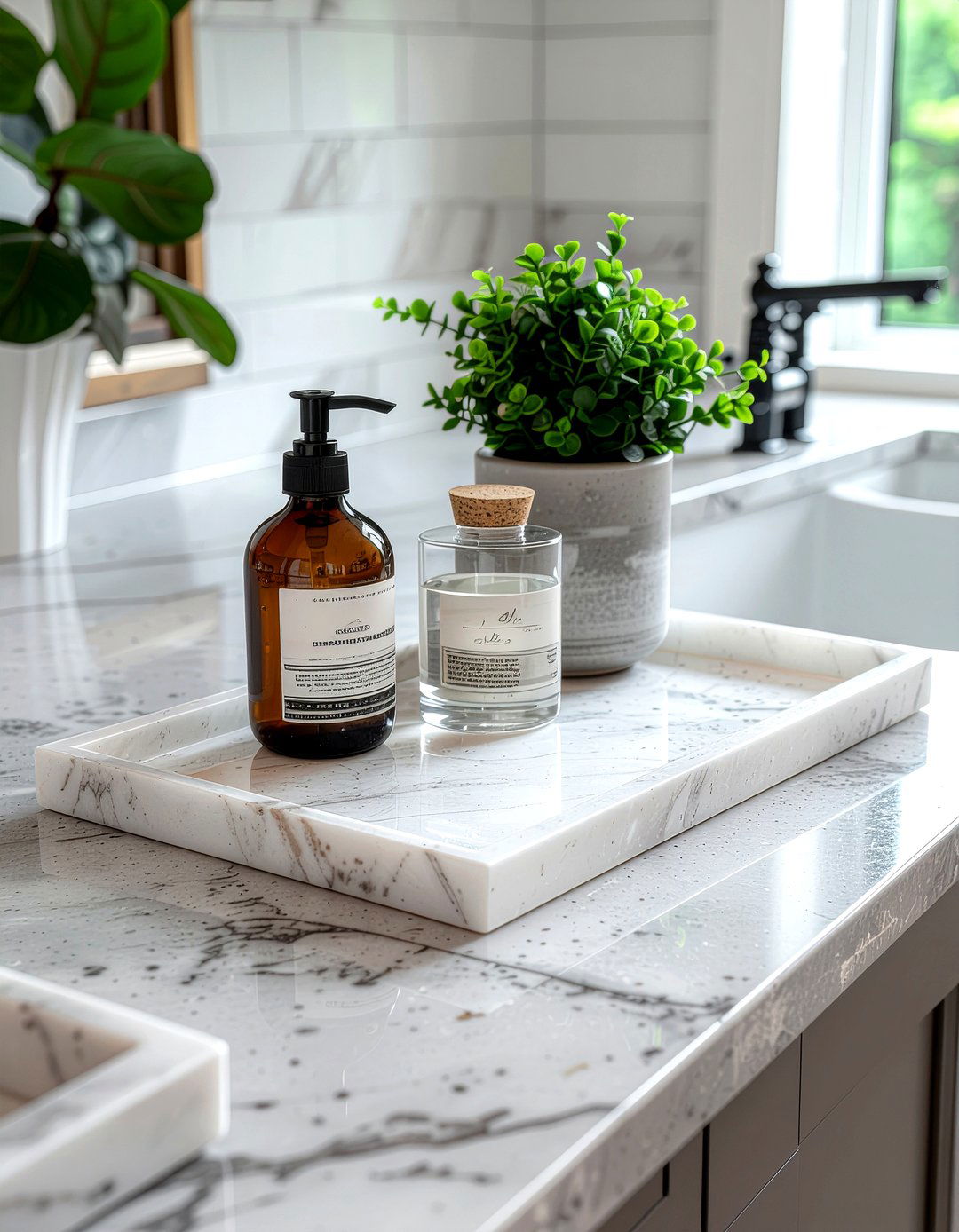 Stone countertop trays - 30 kitchen layering ideas