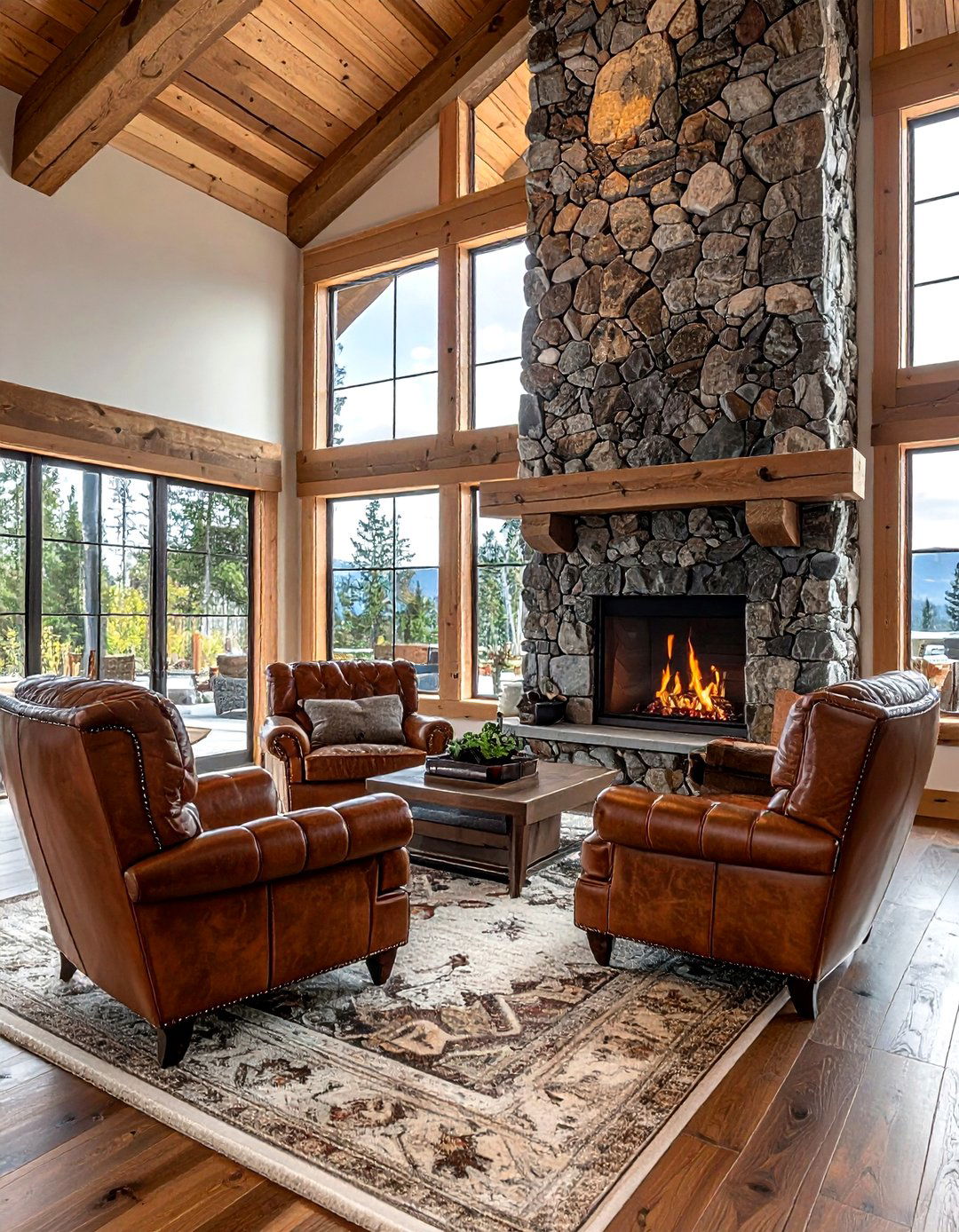 Stone fireplace hearth living room - 30 living room lake house furniture ideas