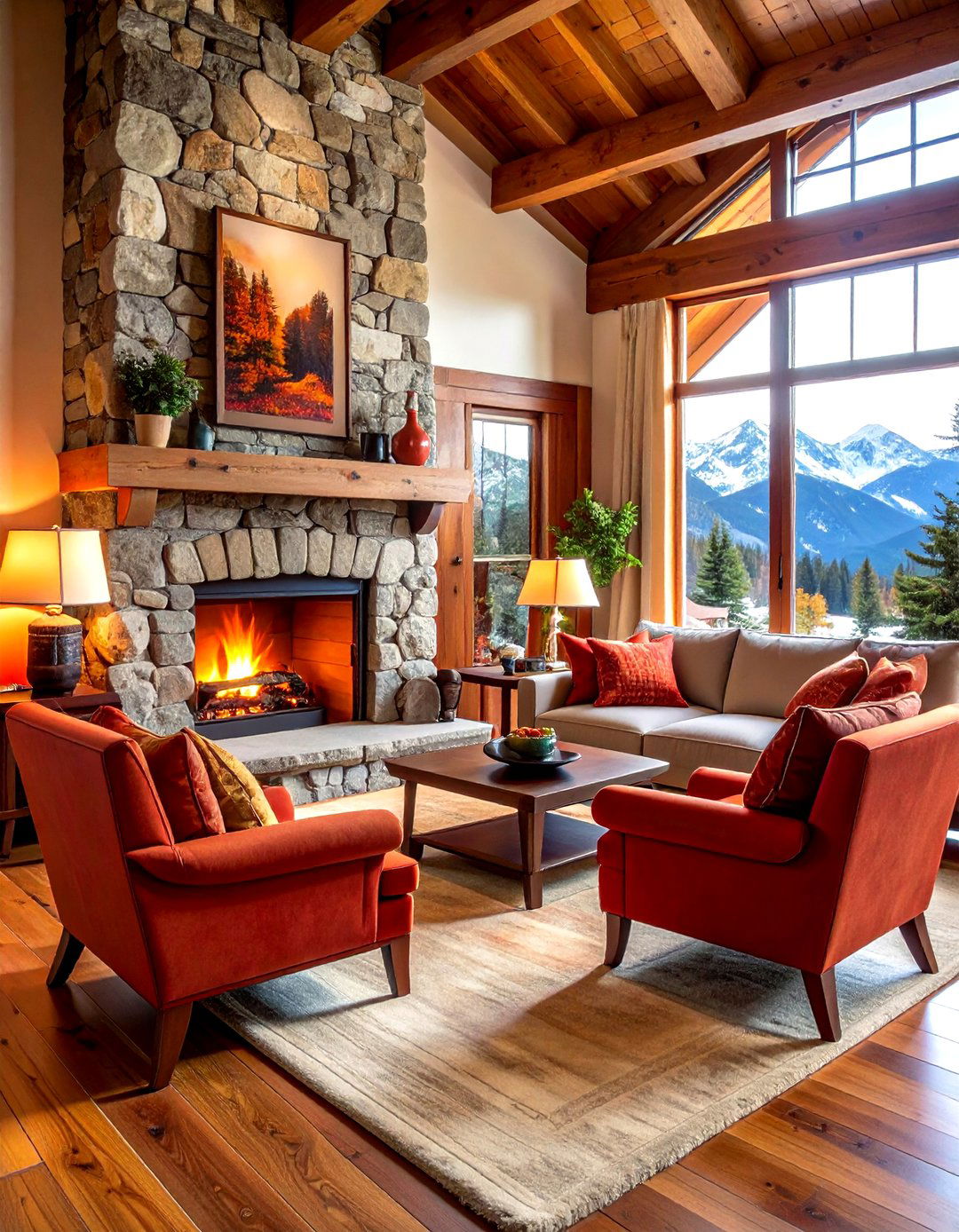 Stone fireplace living room - 30 living room cabin furniture ideas
