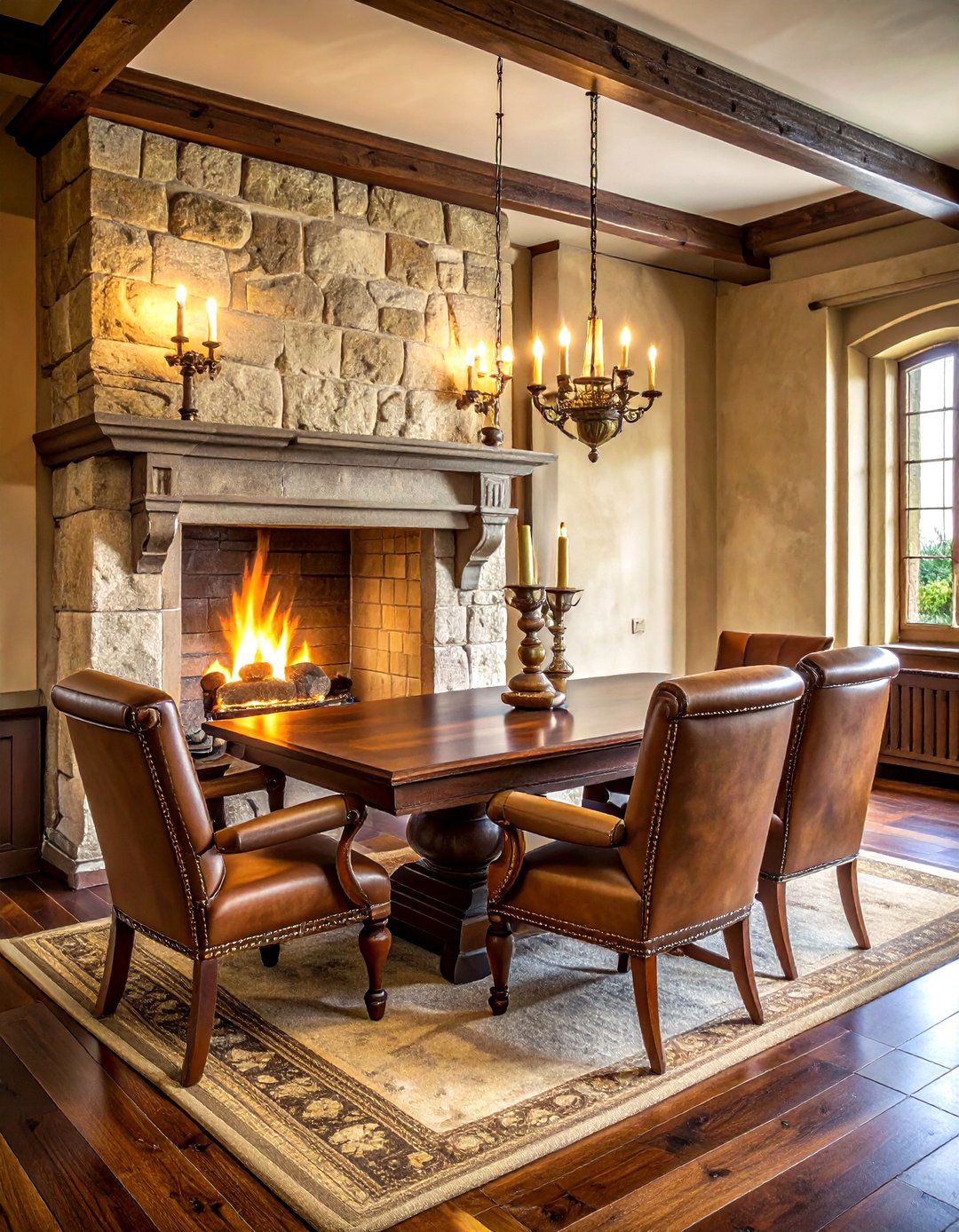 Stone fireplace mantle - 30 Tudor dining room ideas