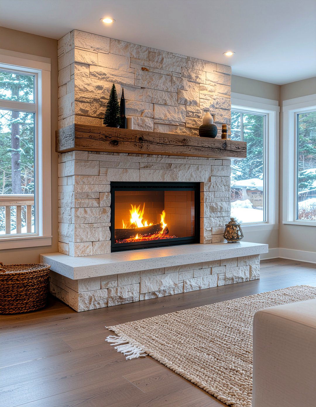 Stone fireplace surround - 30 warm gray living room ideas
