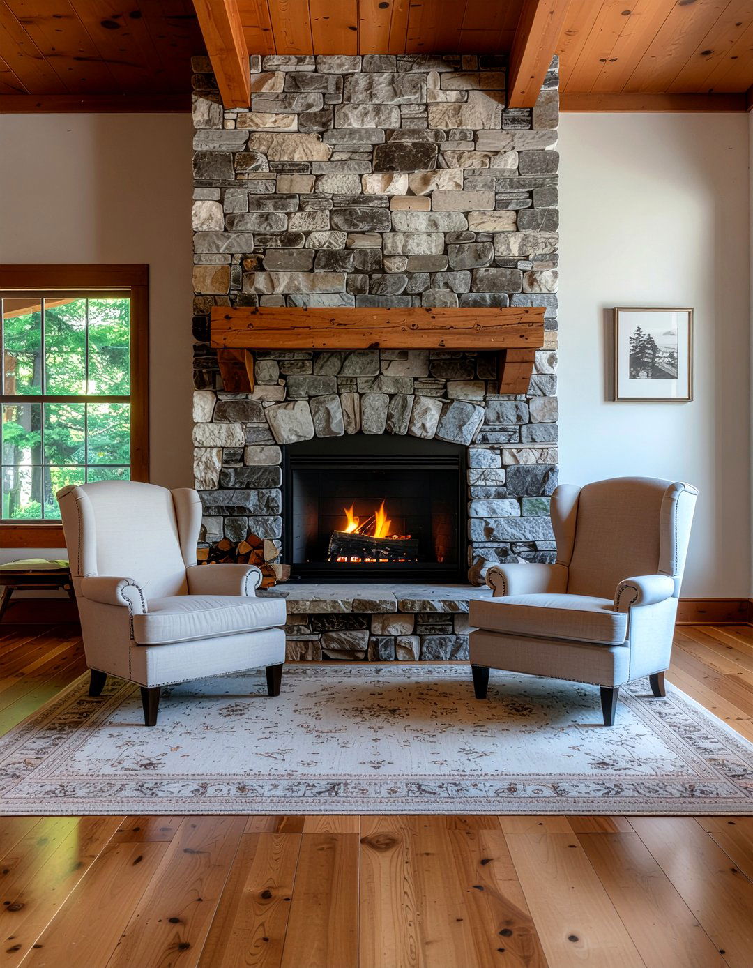 Stone fireplace surround - 30 new construction living room ideas