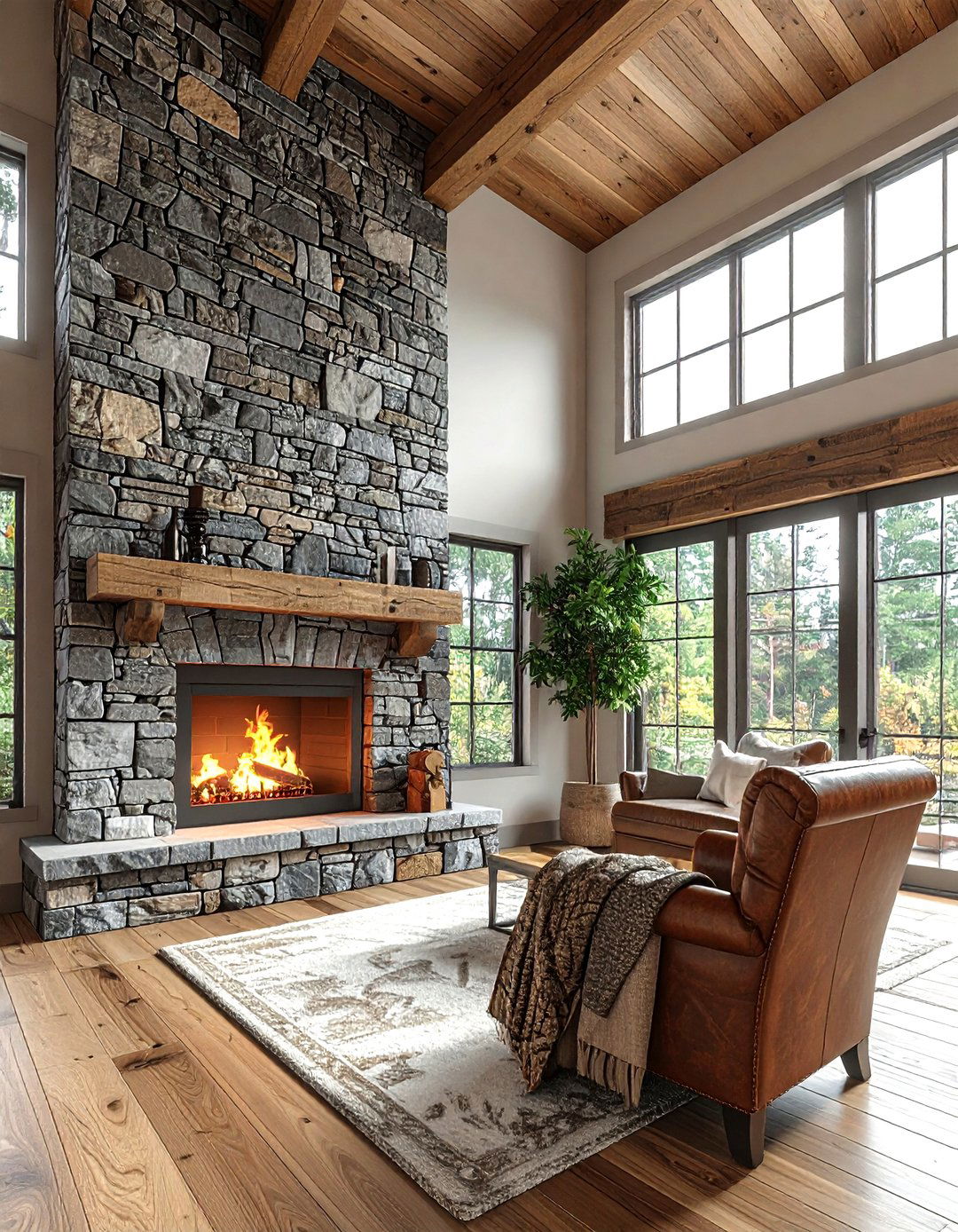 Stone fireplace wall - 30 living room wood burning fireplace ideas