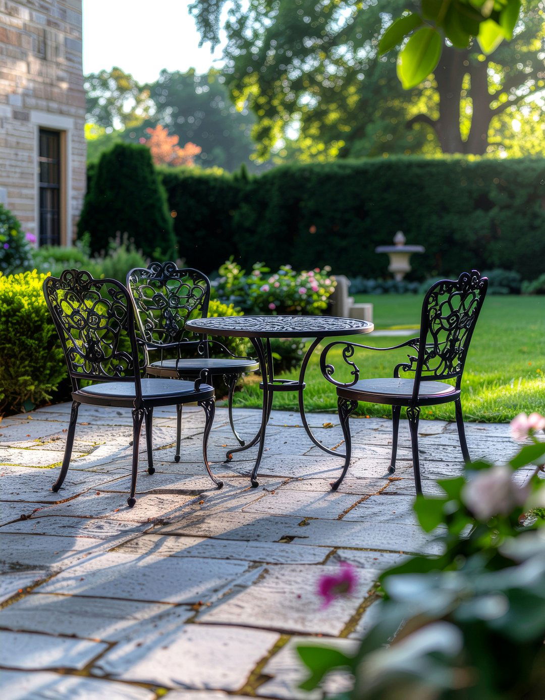 Stone patio with wrought iron chairs - 30 garden dining ideas