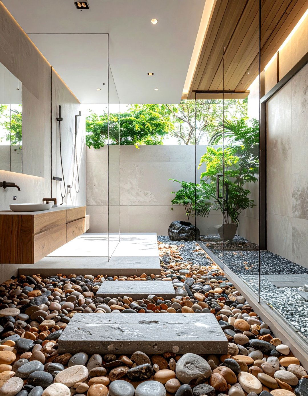 Stone pebble floor bathroom - 30 outdoor bathroom ideas