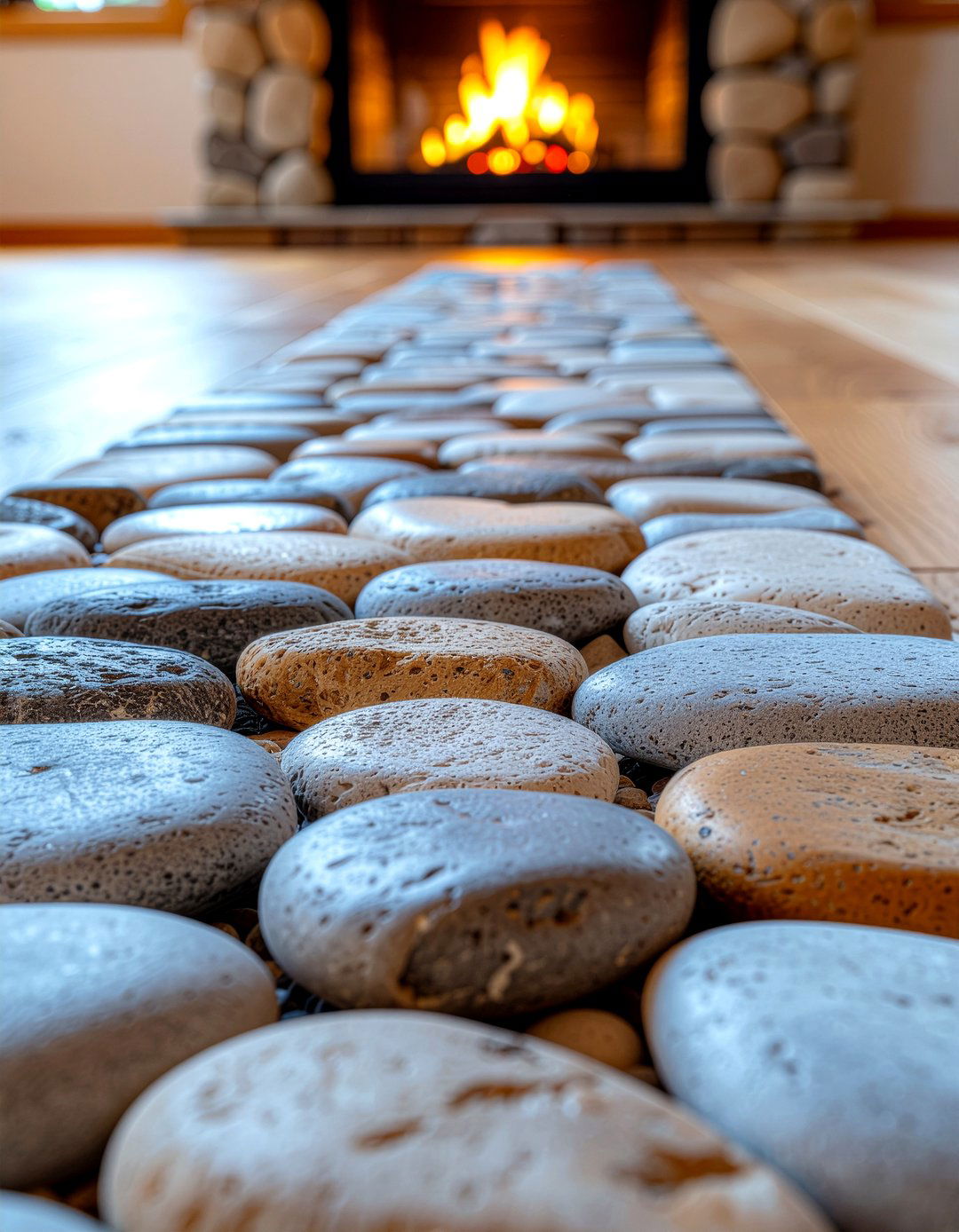 Stone pebble hearth floor - 30 woodland living room ideas