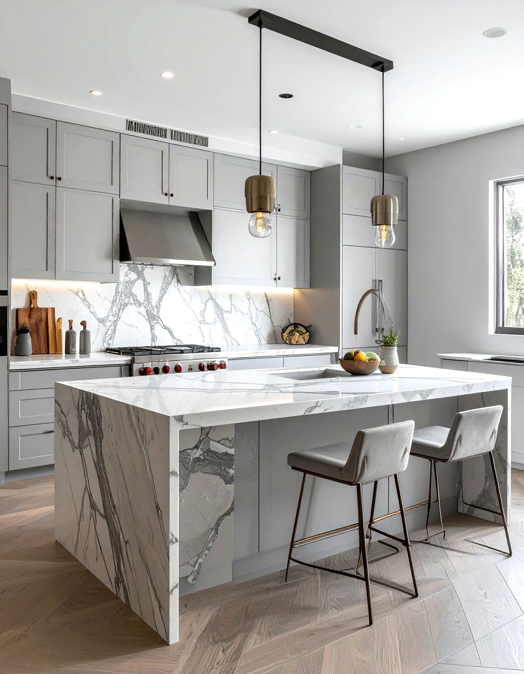 Stone slab backsplash with paint grade cabinets - 30 kitchen high-low mixing ideas