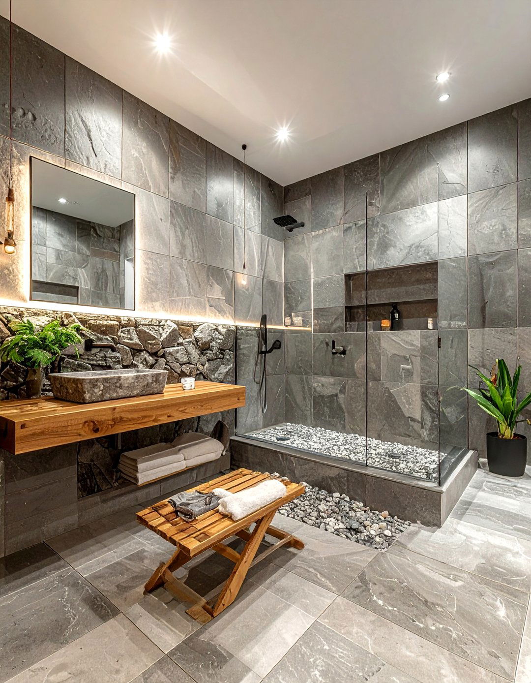 Stone texture large tile bathroom - 30 oversized tile bathroom ideas