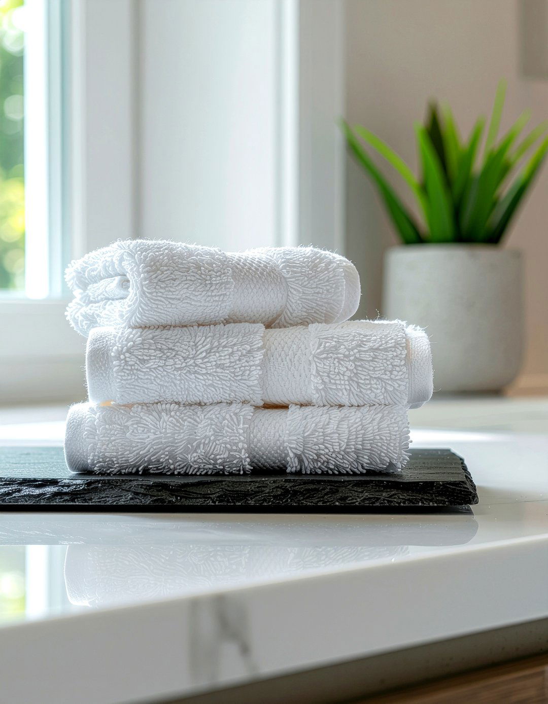 Stone tray - 30 bathroom towel display ideas