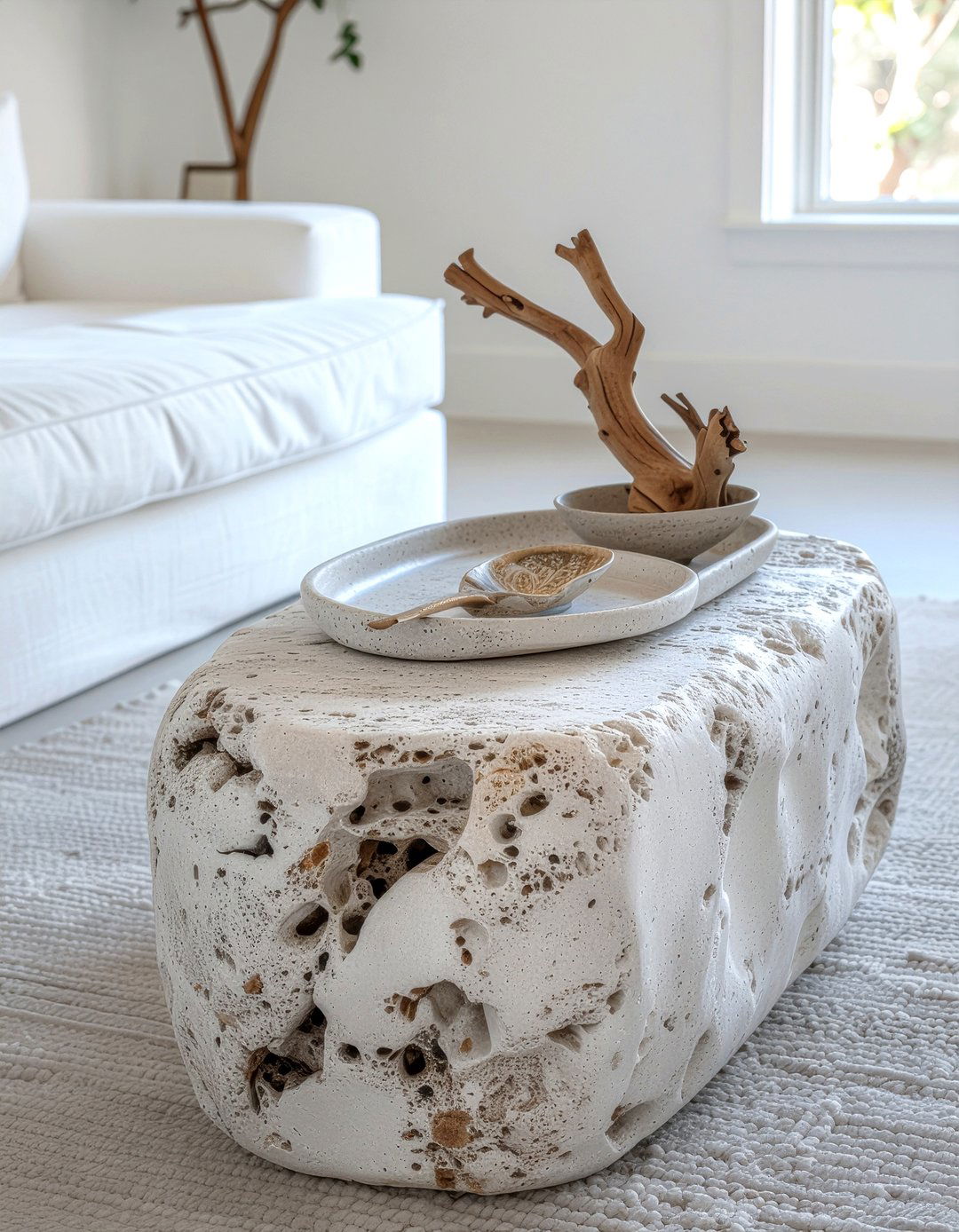 Stone tray on minimalist ottoman - 30 living room tray ottoman ideas