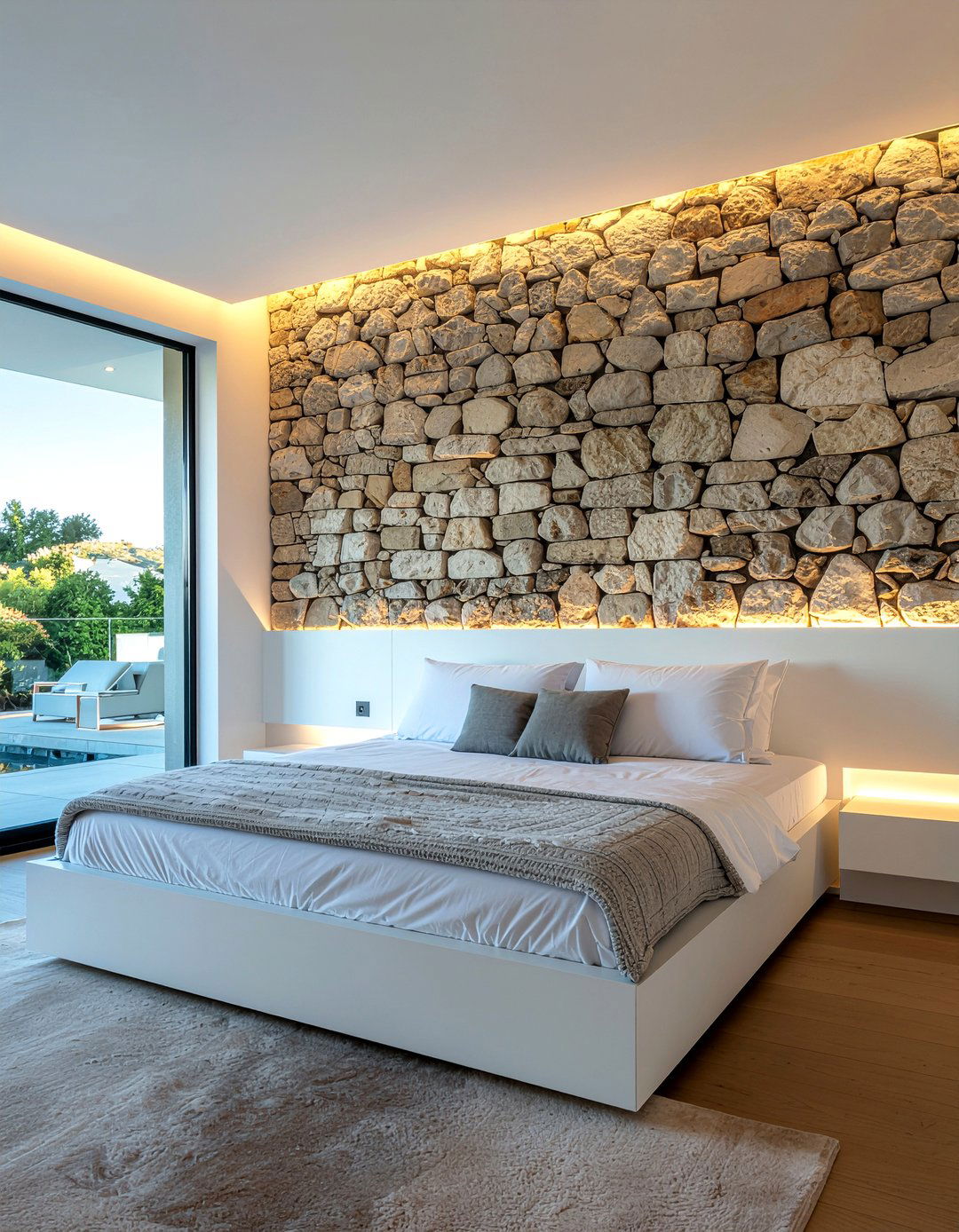 Stone wall behind bed - 30 bedroom stone wall ideas
