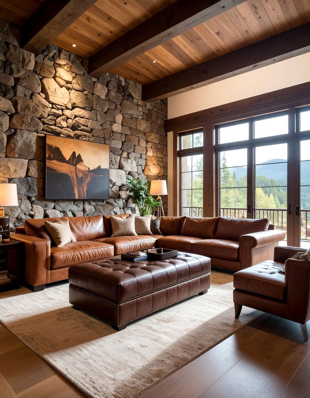 Stone wall cabin - 30 living room cabin furniture ideas