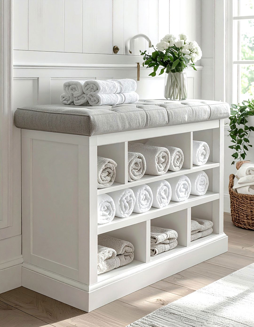 Storage bench for towels - 30 bathroom seating arrangements ideas