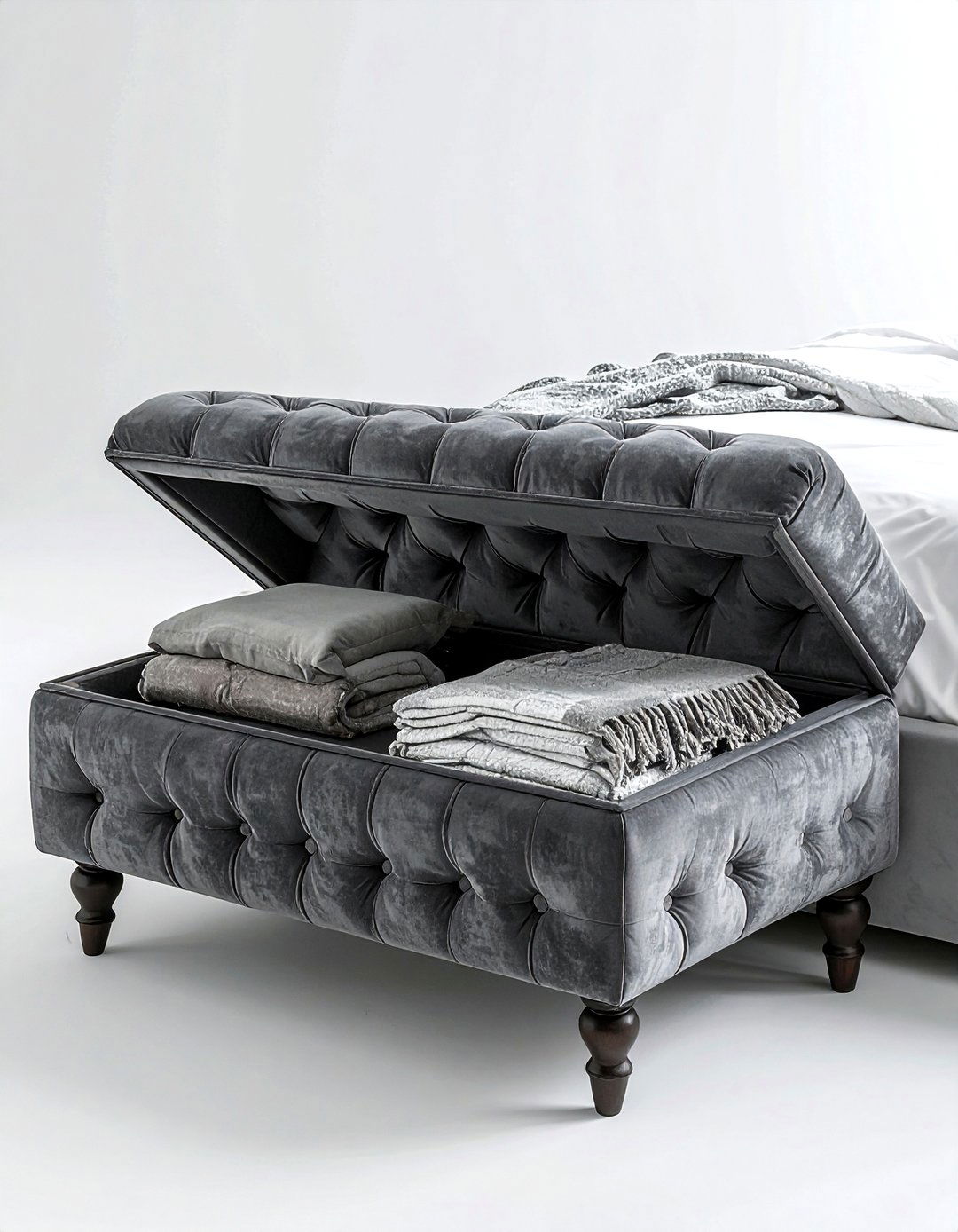 Storage ottoman bench - 30 bedroom organization hacks