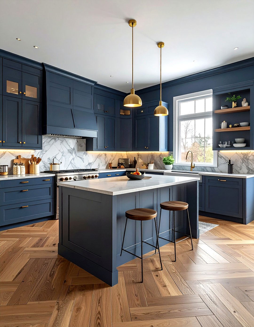 Stormy blue walls with soft gray cabinets - 30 blue and gray kitchen ideas