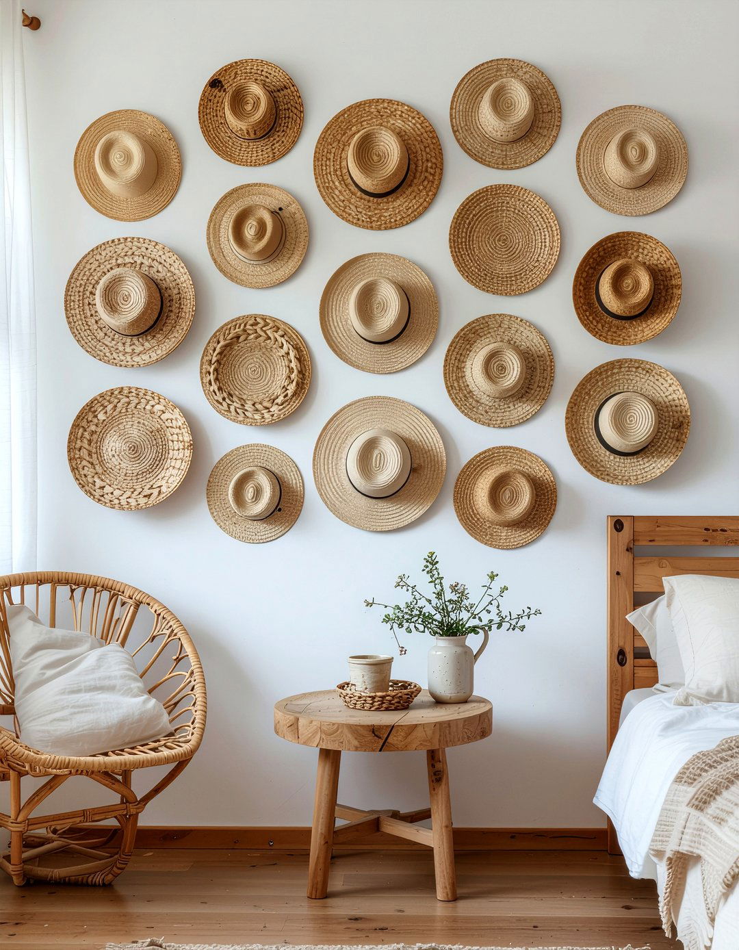 Straw Hat Wall Decor - 30 woven bedroom ideas