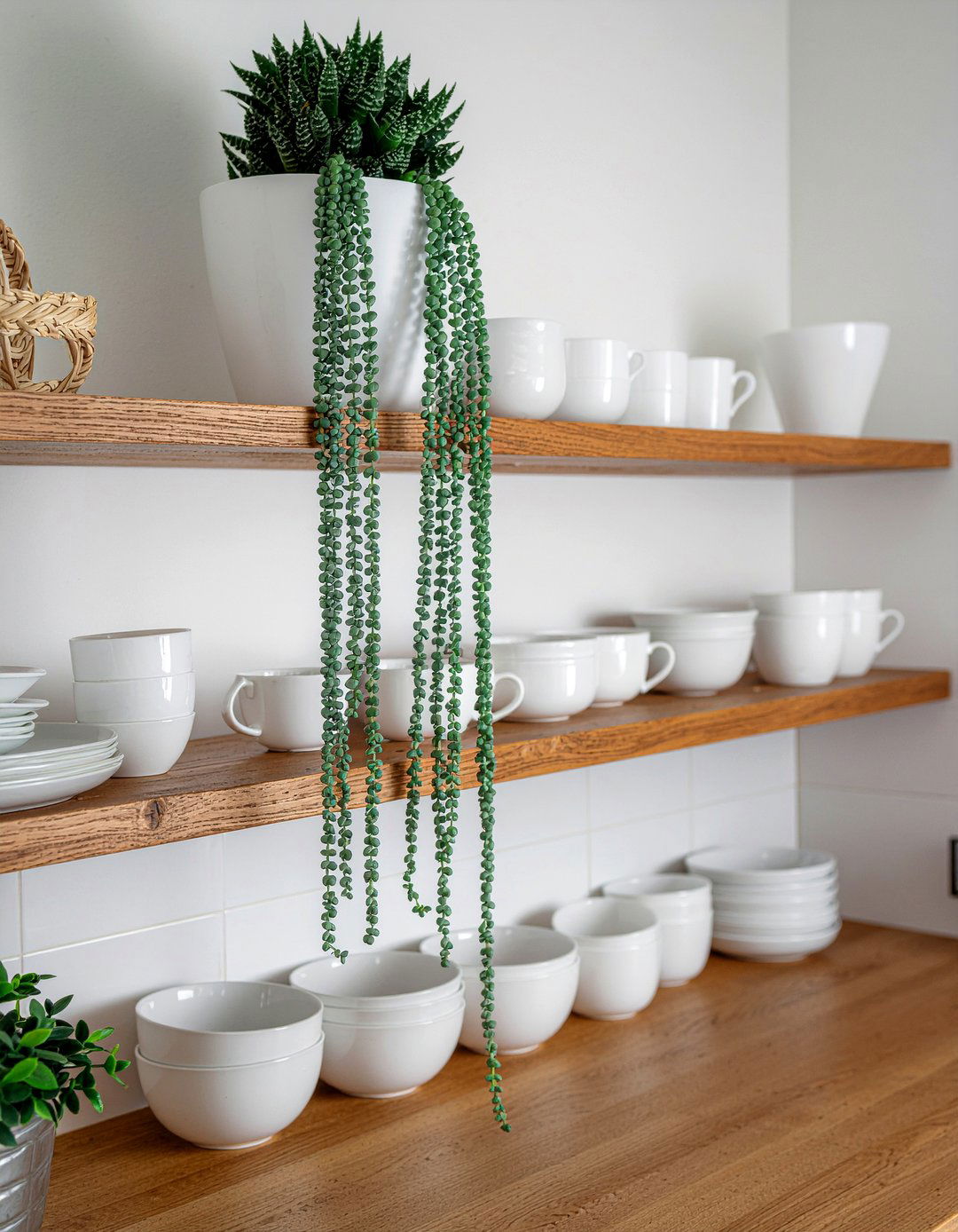 String Of Pearls On Kitchen Shelves - 30 hanging plant kitchen ideas