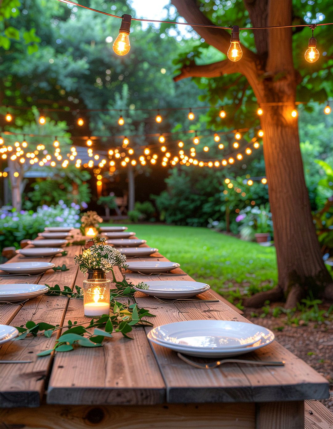 String lights over dining table - 30 garden dining ideas