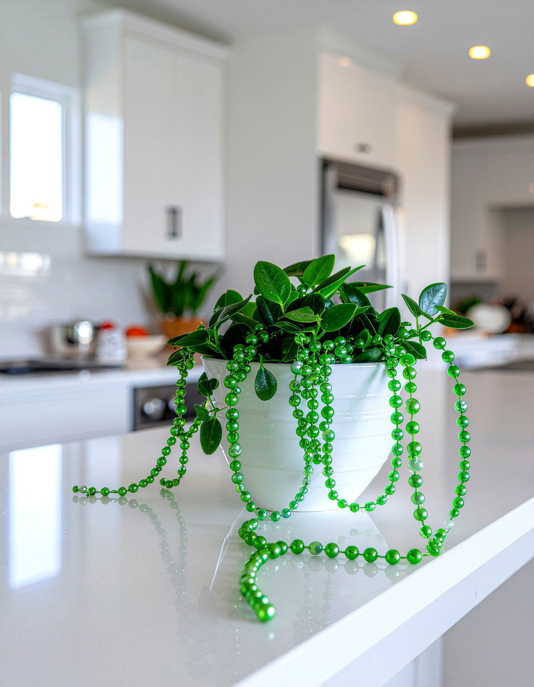 String of pearls on kitchen cabinet - 30 kitchen potted plant ideas