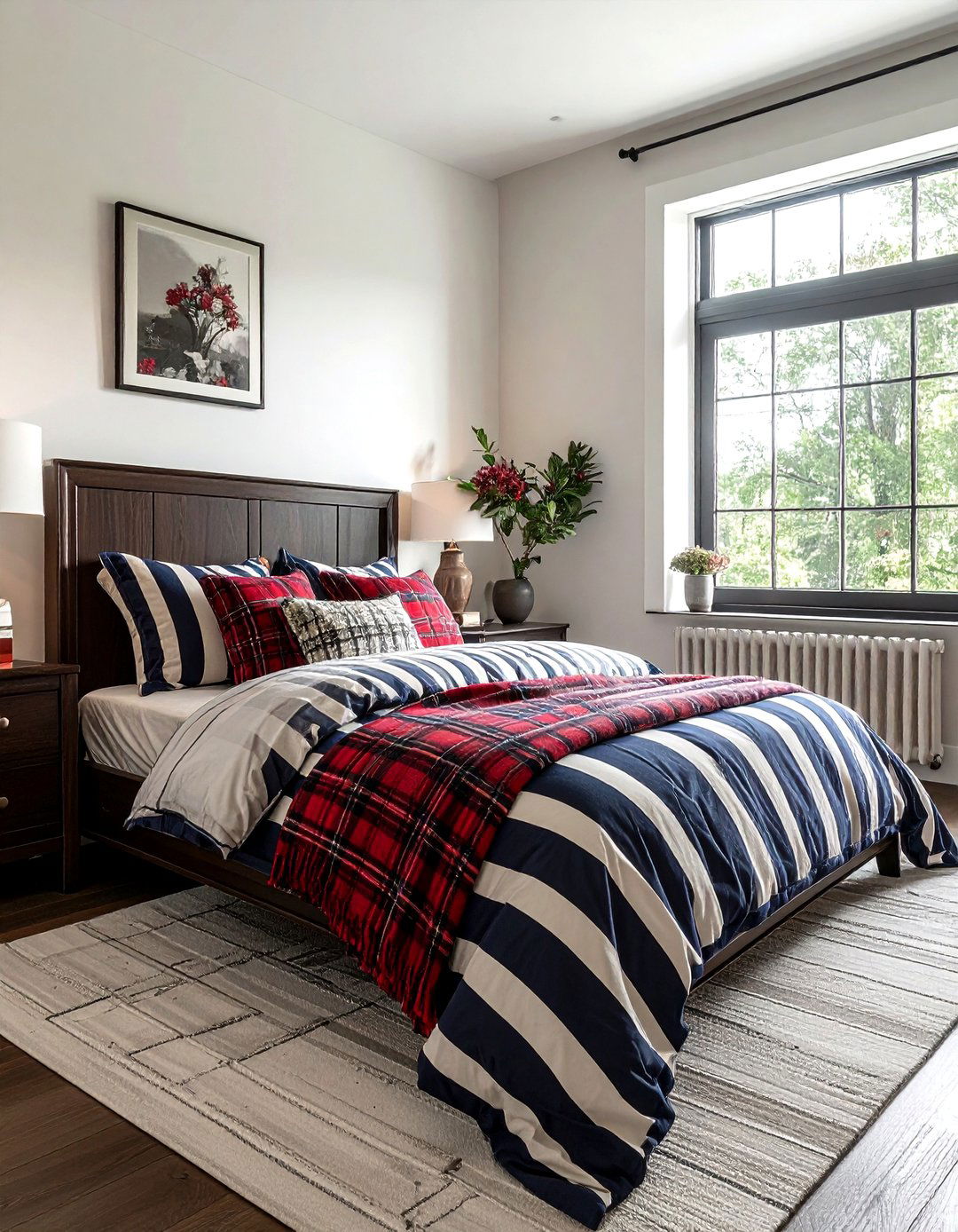 Stripe and plaid bedding combination - 30 bedroom pattern mixing ideas