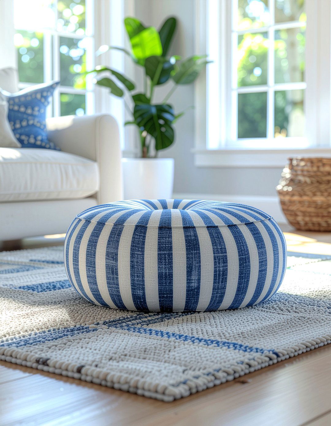 Striped Cotton Floor Pouf - 30 cotton living room ideas