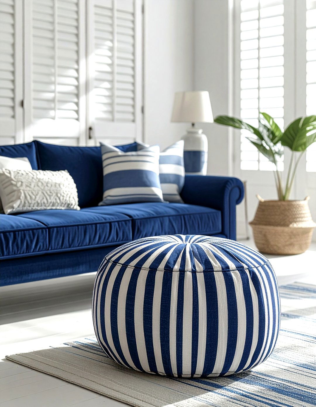Striped Linen Pouf - 30 living room pouf seating ideas