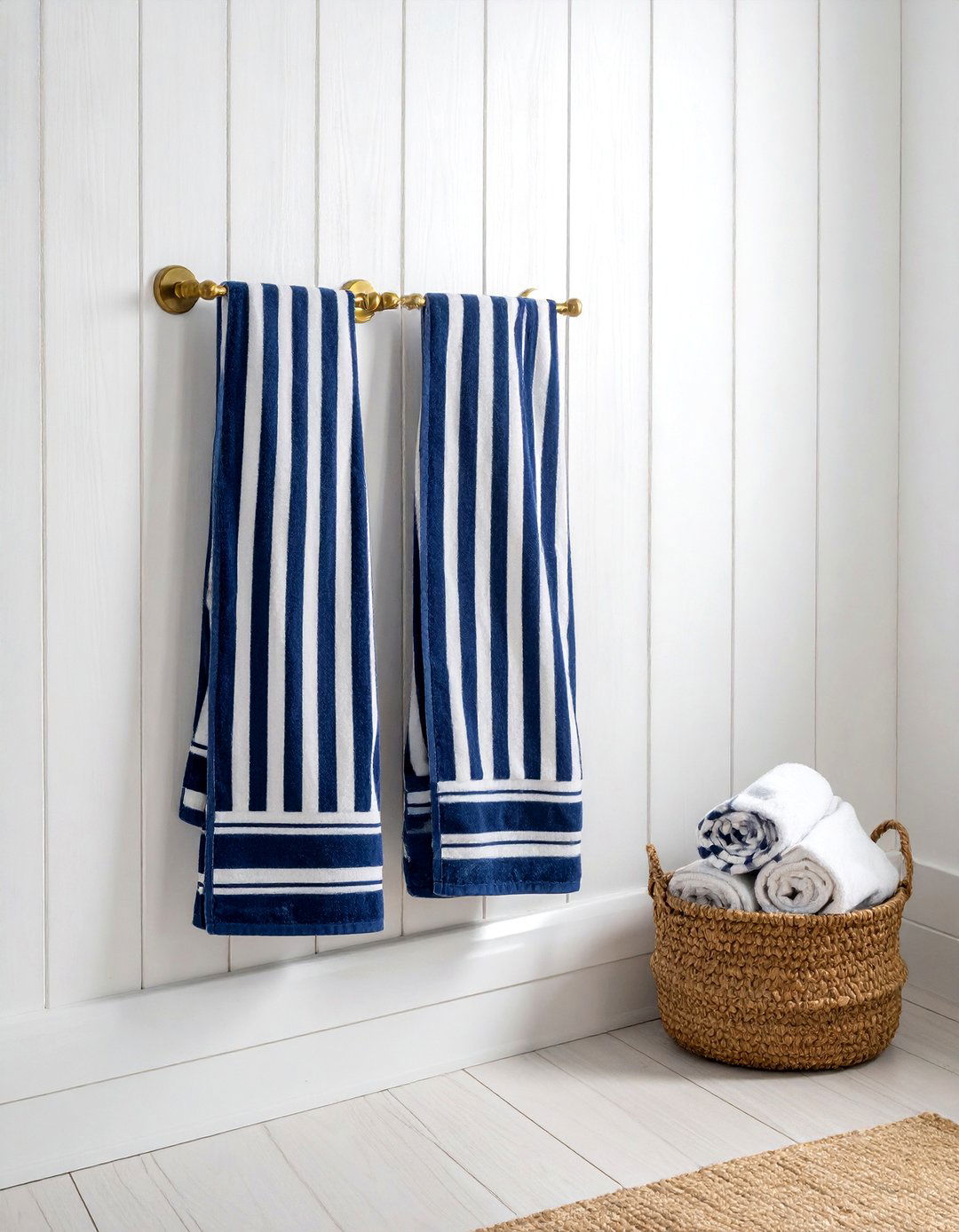 Striped bath towels - 30 coastal bathroom ideas