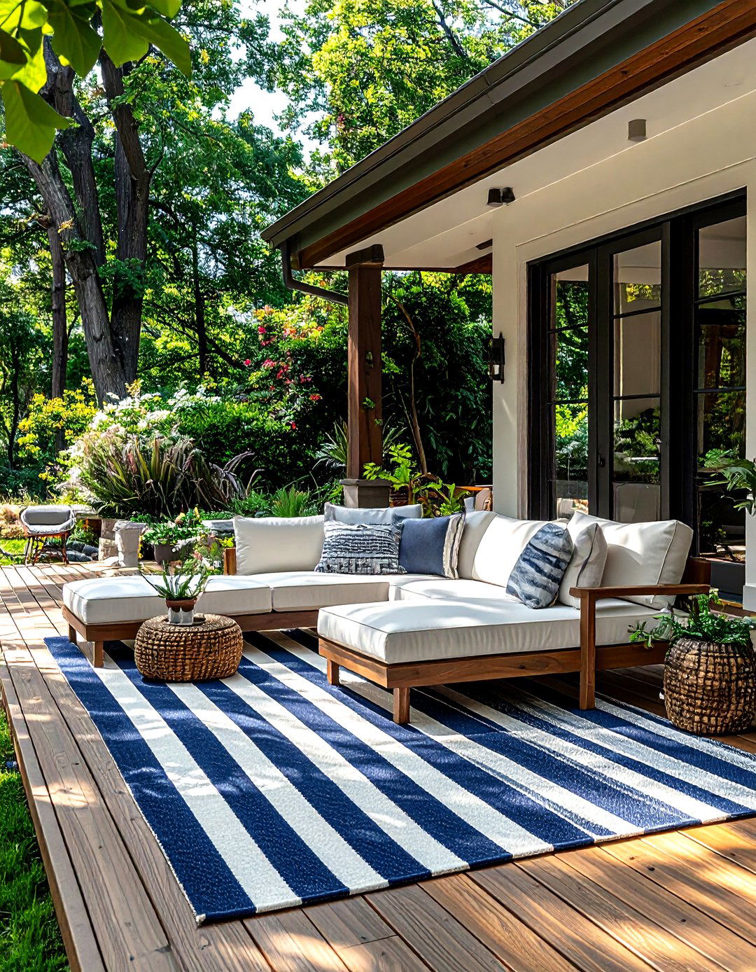 Striped outdoor rug - 30 coastal home decor ideas