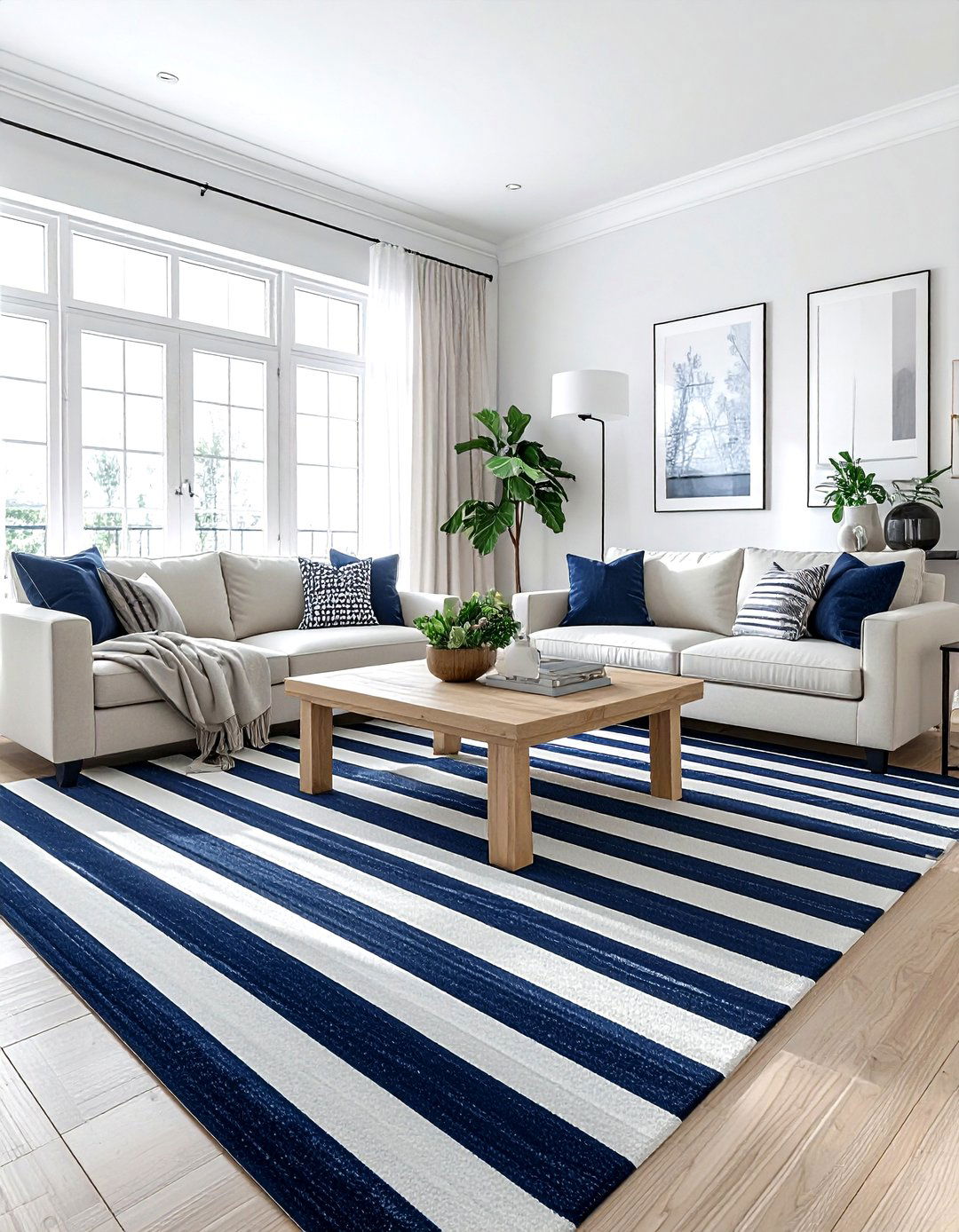 Striped rug living room - 30 lake house decor ideas