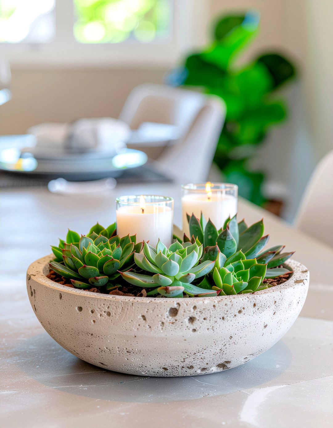 Succulent And Candle Bowl - 30 candle centerpiece dining ideas