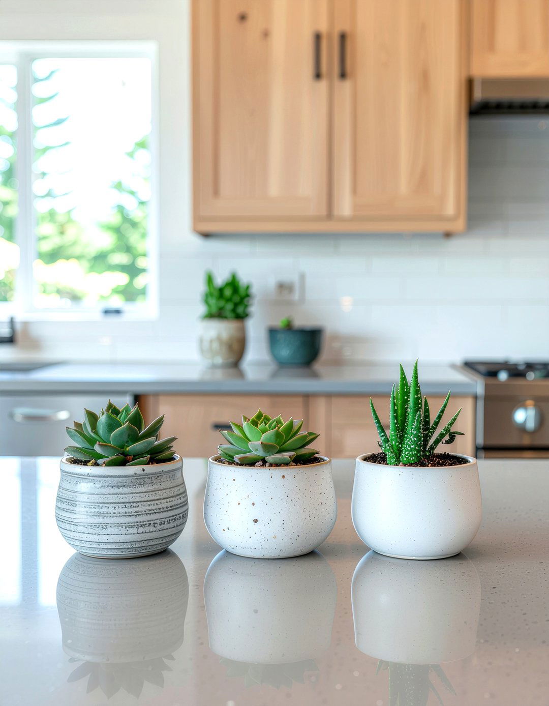Succulent arrangement in ceramic pots - 30 kitchen succulent ideas