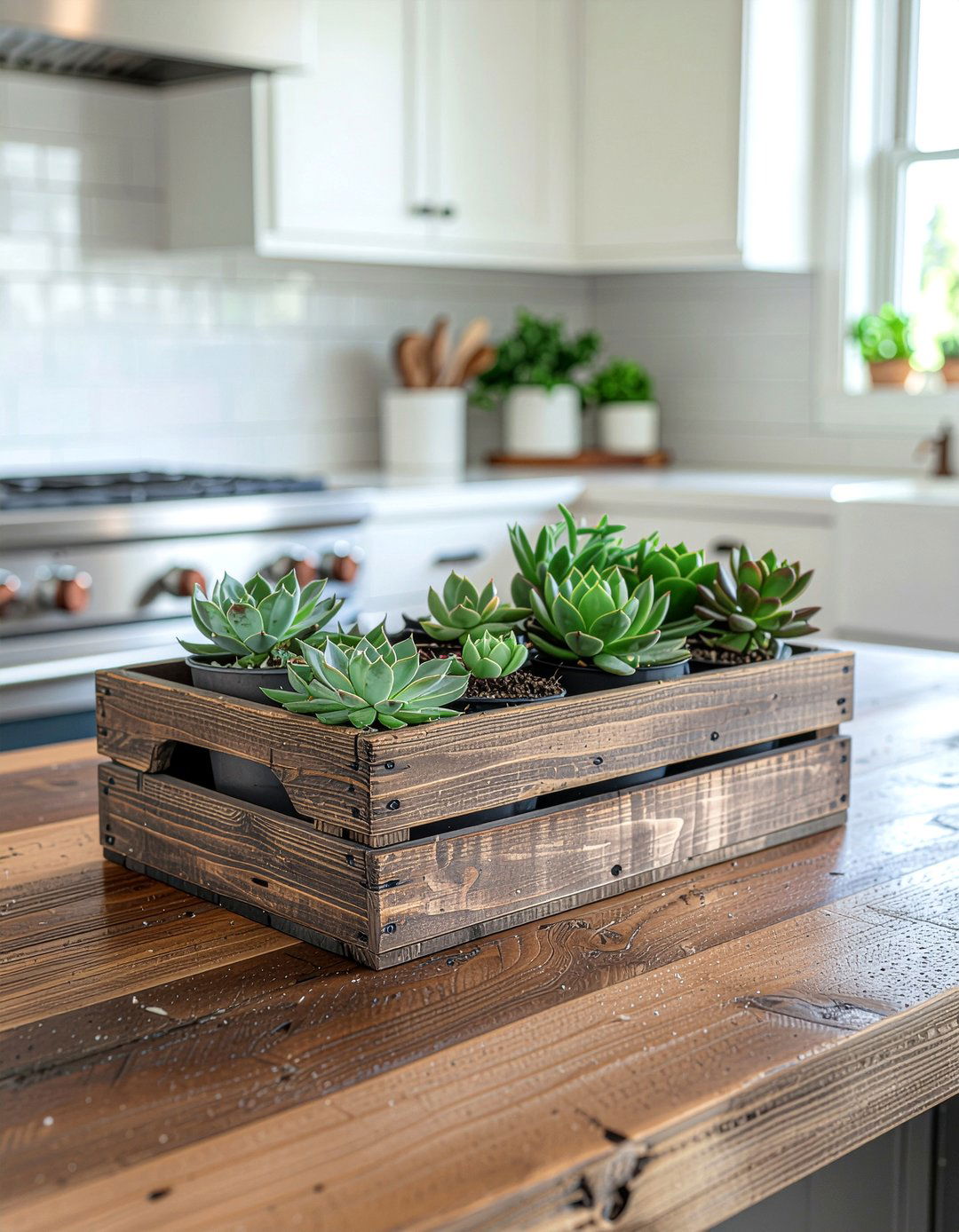 Succulent garden in wooden crates - 30 kitchen succulent ideas