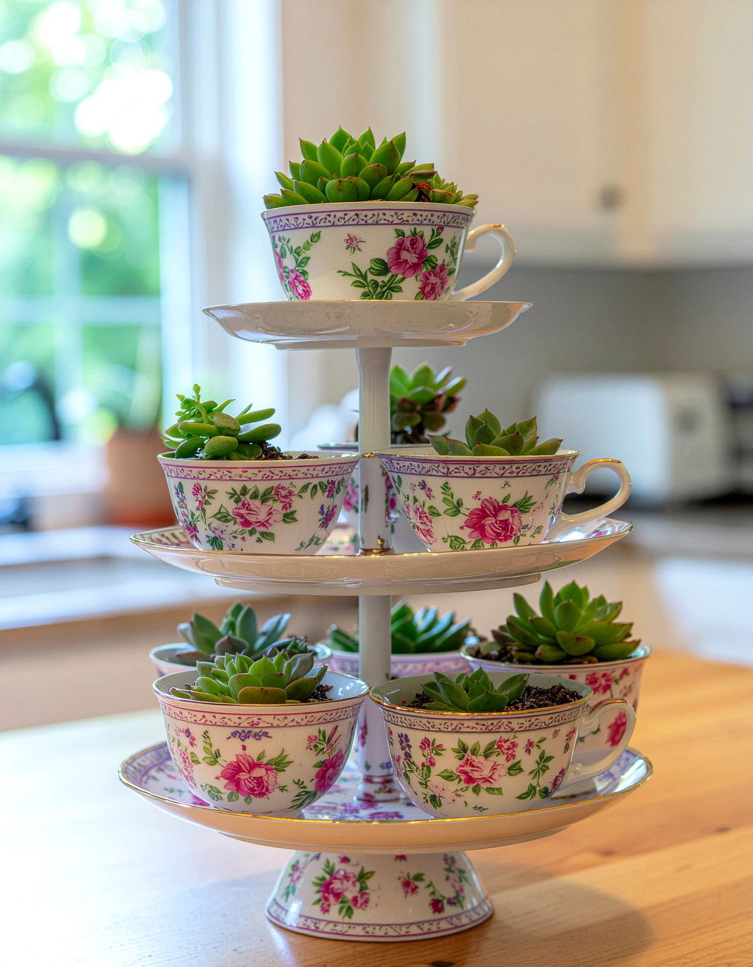 Succulents in tea cups for kitchen - 30 kitchen succulent ideas