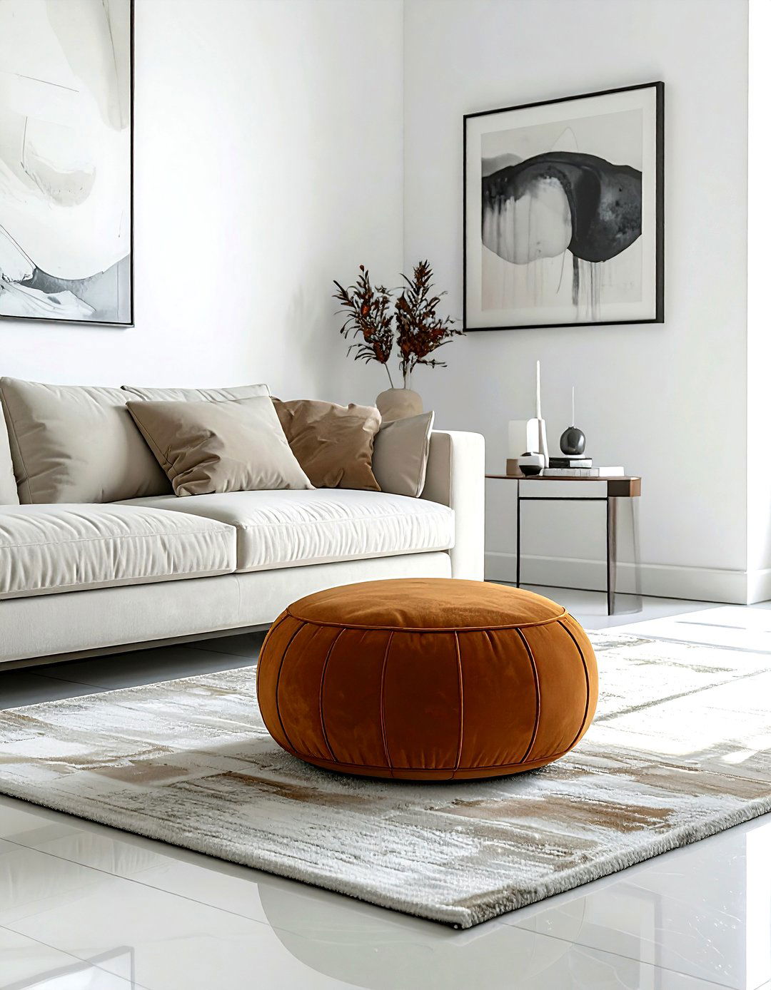 Suede Floor Pouf - 30 living room pouf seating ideas