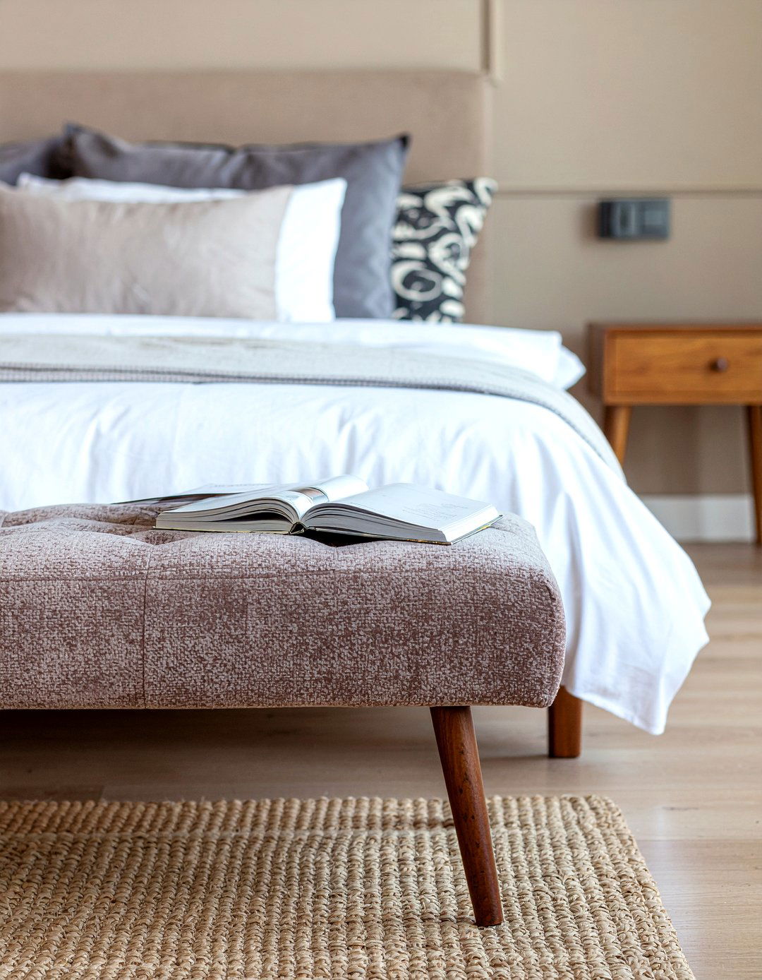 Suede bench for end of bed - 30 suede bedroom ideas